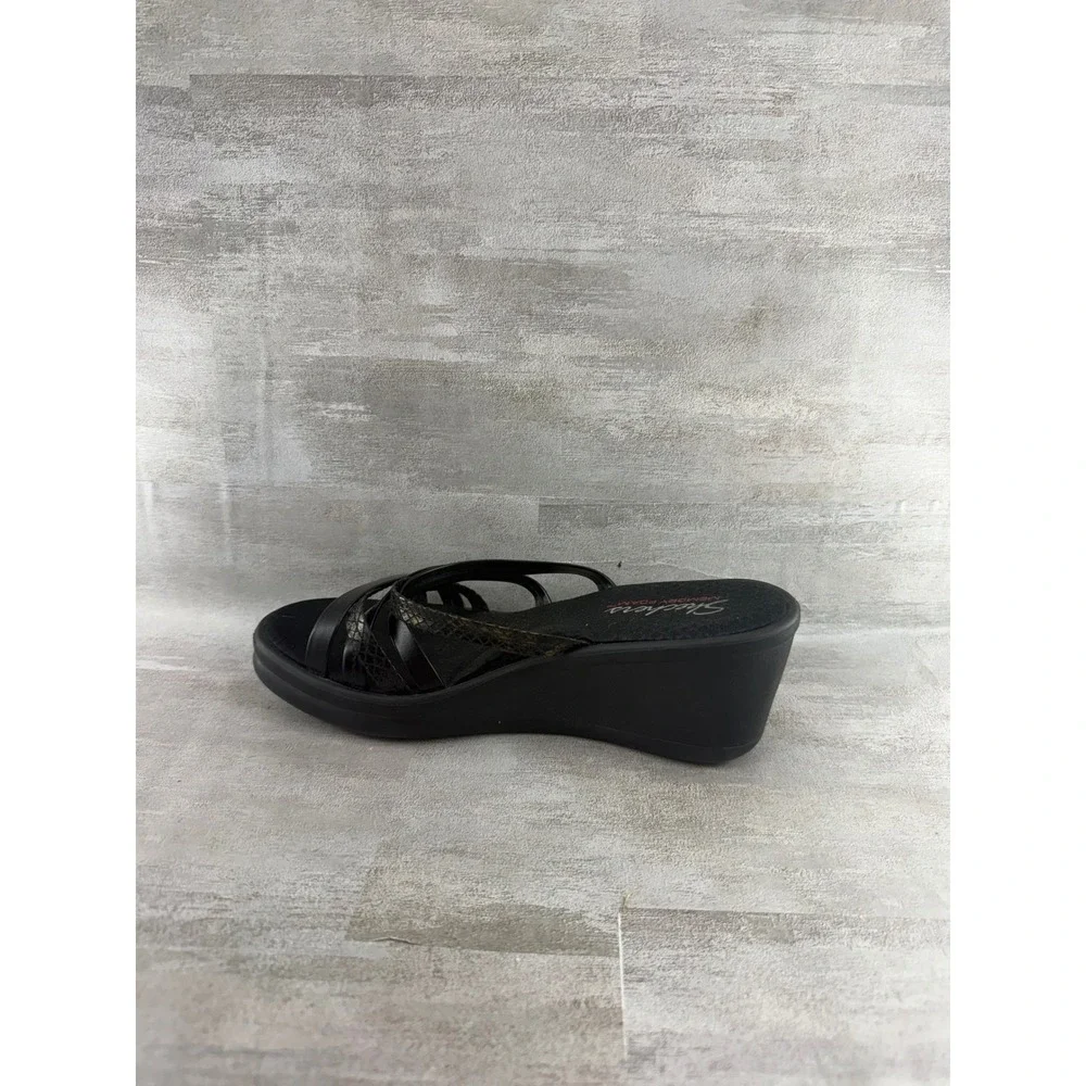 Skechers Women Black Snakeskin Strappy Memory Foam Wedge Sandals Size 8